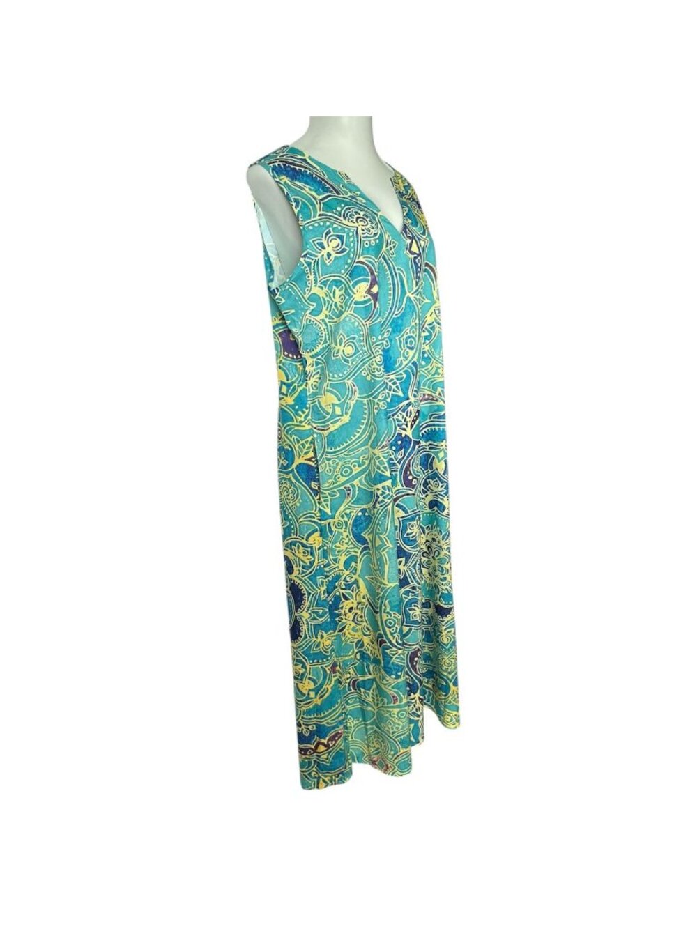 Vintage Womens 3XL Maxi Dress Sleeveless Vibrant Green Blue Yellow Floral Shift - Picture 5 of 16